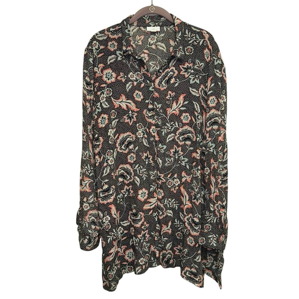 J. Jill Floral Tunic Blouse Large Boho Long Sleeve Lightweight Button Front